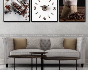 Tranh treo tường cà phê và đồng hồ