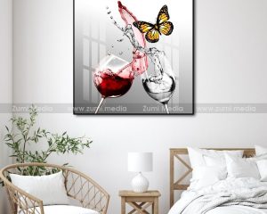 Tranh treo tường ly rượu vang đỏ và bươm bướm